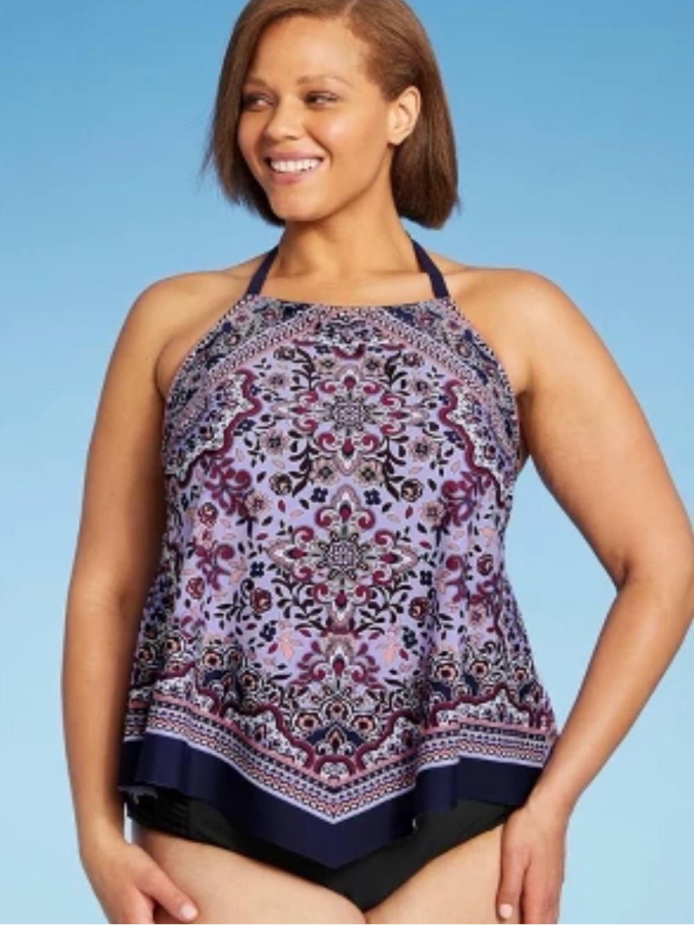 Kona Sol Plus Size Halter Neck Floral Print Tankini Top in Navy Size 1X VGUC